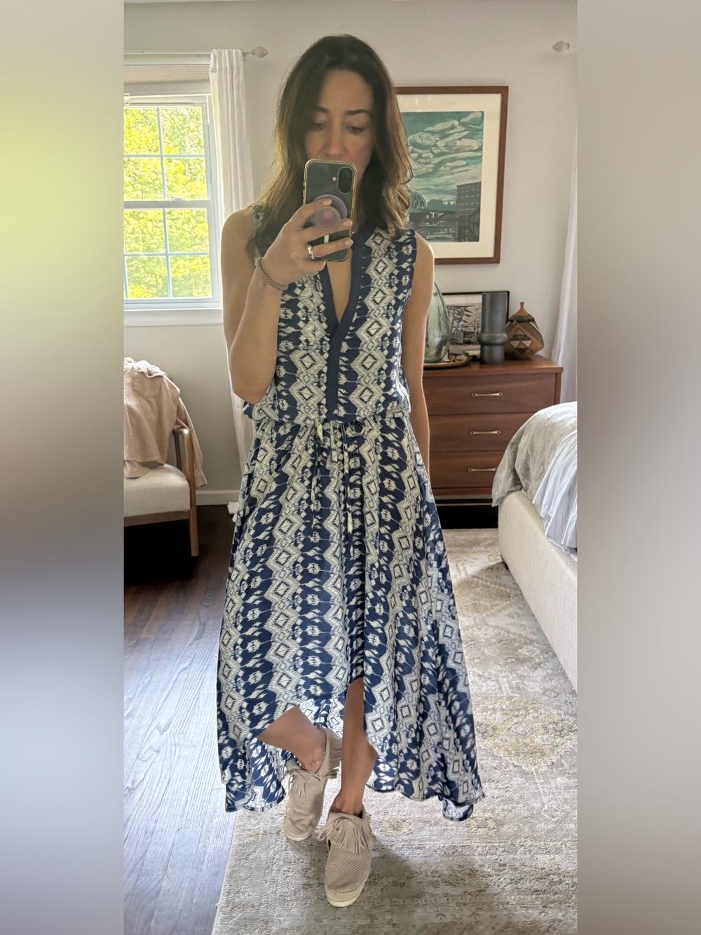 Tolani Sz S 100% Silk Blue High Low Maxi Dress Aztec Tribal Print Drawstring